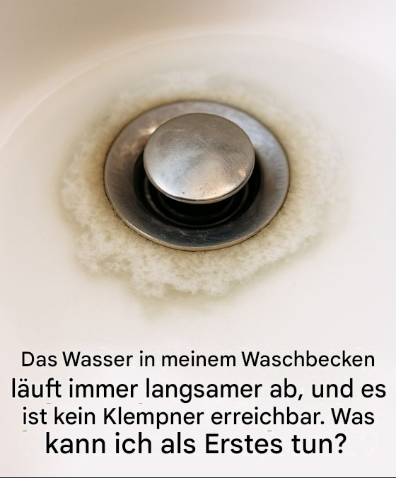 Das Wasser in meinem Badezimmerwaschbecken läuft immer langsamer ab, und es ist kein Klempner erreichbar. Was kann ich als Erstes tun?