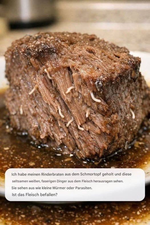 Ich holte meinen Rinderbraten aus dem Slow Cooker und sah diese seltsamen weißen, strähnigen Dinger aus dem Fleisch ragen. Sie sehen aus wie kleine Würmer oder Parasiten. Ist das Fleisch befallen?