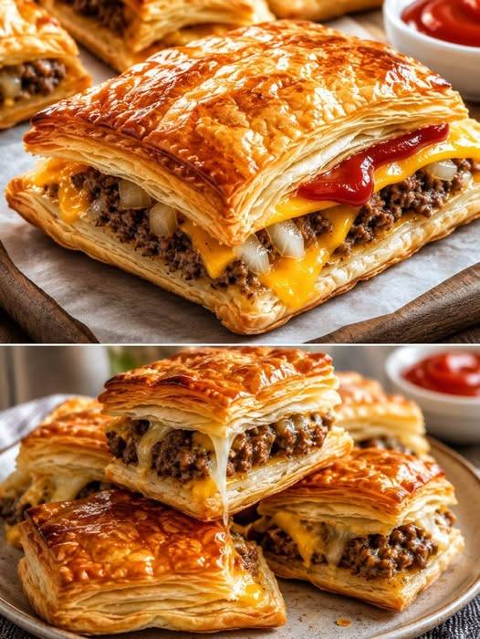 Cheeseburger Blätterteigtaschen mit 250 g Hackfleisch