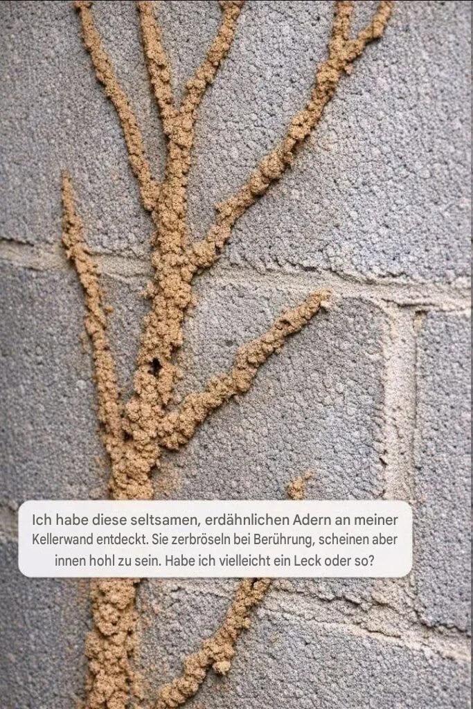 Ich habe diese seltsamen, erdähnlichen Adern an meiner Kellerwand entdeckt. Sie zerbröseln bei Berührung, scheinen aber innen hohl zu sein. Habe ich vielleicht ein Leck oder so?