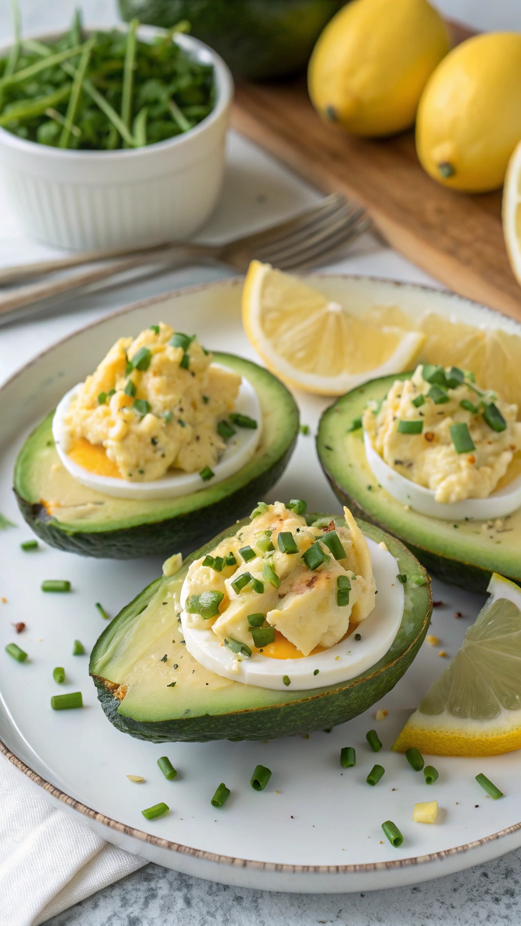 Avocados gefüllt mit hartgekochten Eiern und mildem Senf
