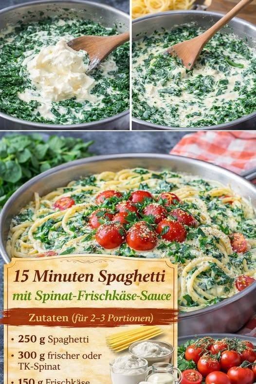 15 Minuten Spaghetti mit Spinat-Frischkäse-Sauce