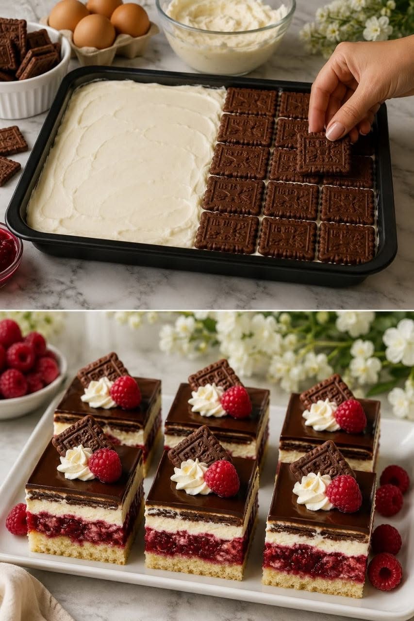 Himbeer-Keks-Schnitten mit Vanillecreme und Schokoladenglasur