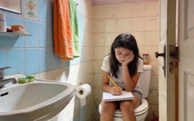 Ich fand meine zwölfjährige Enkelin im Badezimmer vor, wo sie ihre Hausaufgaben machte. Sie saß auf dem Toilettendeckel, ihr Notizbuch auf den Knien 😱😮⚠.