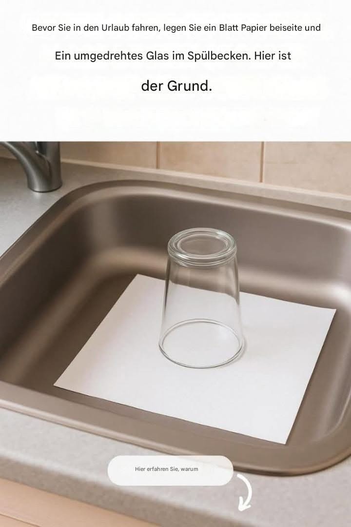 Darum sollten Sie vor Ihrem Urlaub immer ein umgedrehtes Glas und ein Stück Papier in die Spüle stellen.