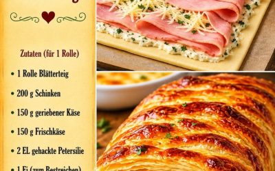 Gefüllter Blätterteigstrudel mit Schinken und Käse in 10 Minuten