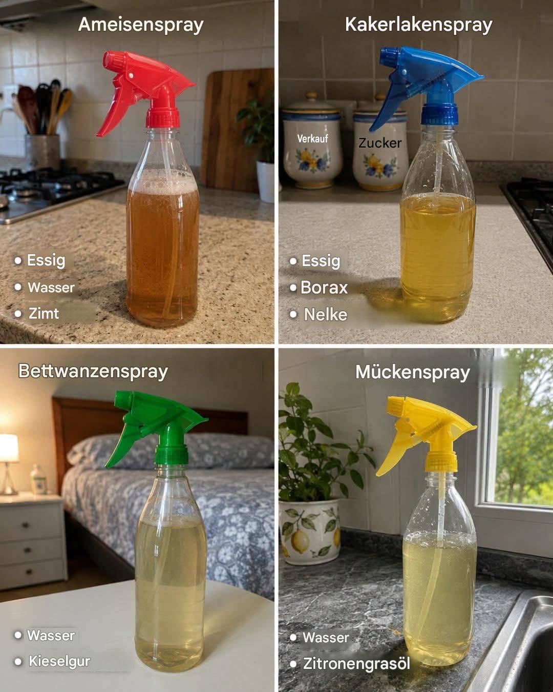 4 natürliche Sprays mit Einsätzen im Haus: Formiche, Scarafaggi, Cimici und Zanzare