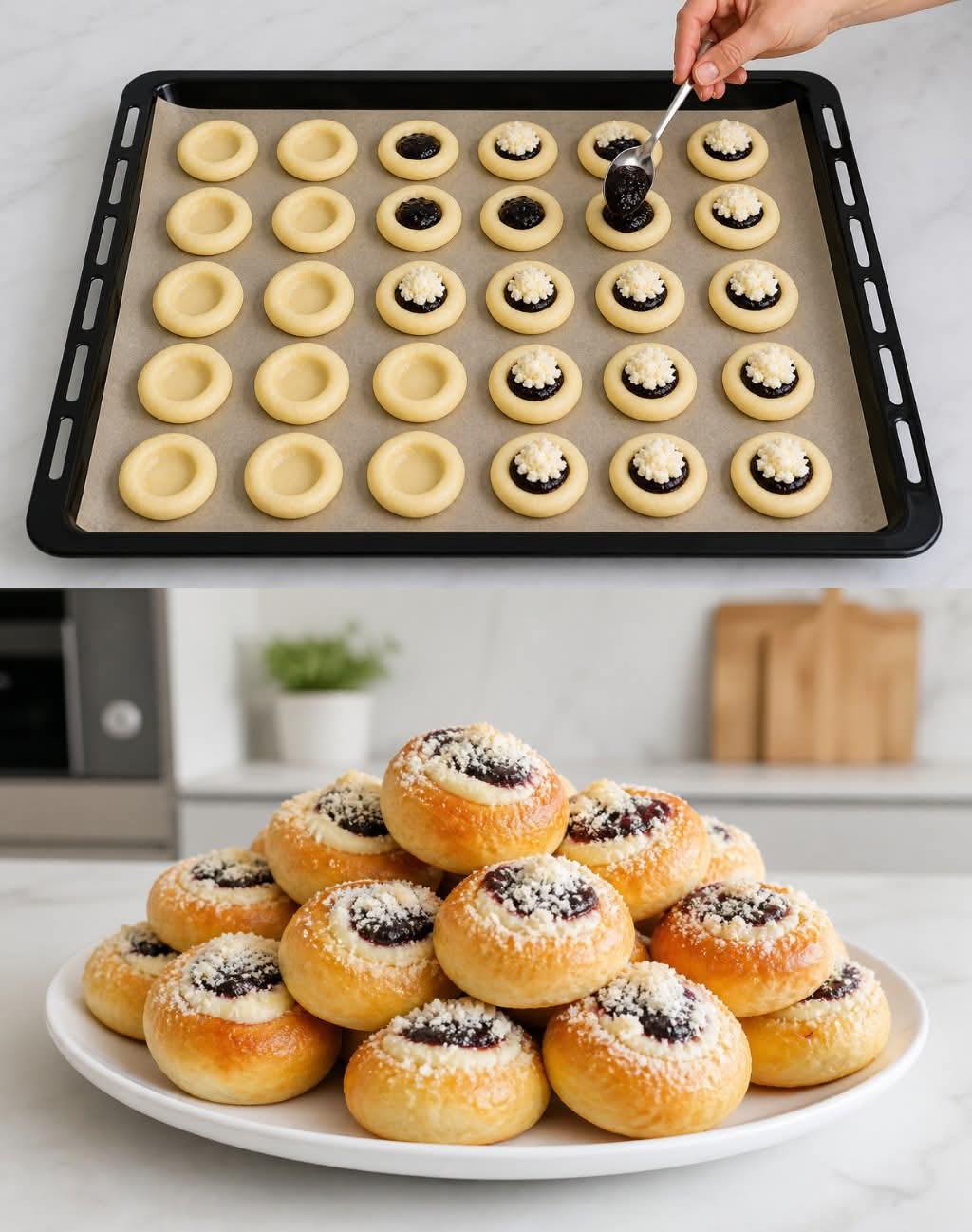 Ungesäuerte Kuchen mit Hüttenkäse und Marmelade – einfach zuzubereiten