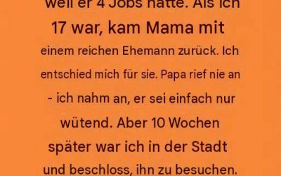Meine Mutter verließ uns, als ich fünf war. Ich nannte meinen Vater einen „Loser“, weil er vier Jobs hatte. Als ich siebzehn war, kam meine Mutter mit einem reichen Mann zurück. Ich entschied mich für sie. Mein Vater meldete sich nie – ich nahm an, er sei einfach nur sauer. Doch zehn Wochen später war ich in der Stadt und beschloss, ihn zu besuchen. Mir lief es eiskalt den Rücken runter, als ich sein Zimmer betrat. Ich sah meine…